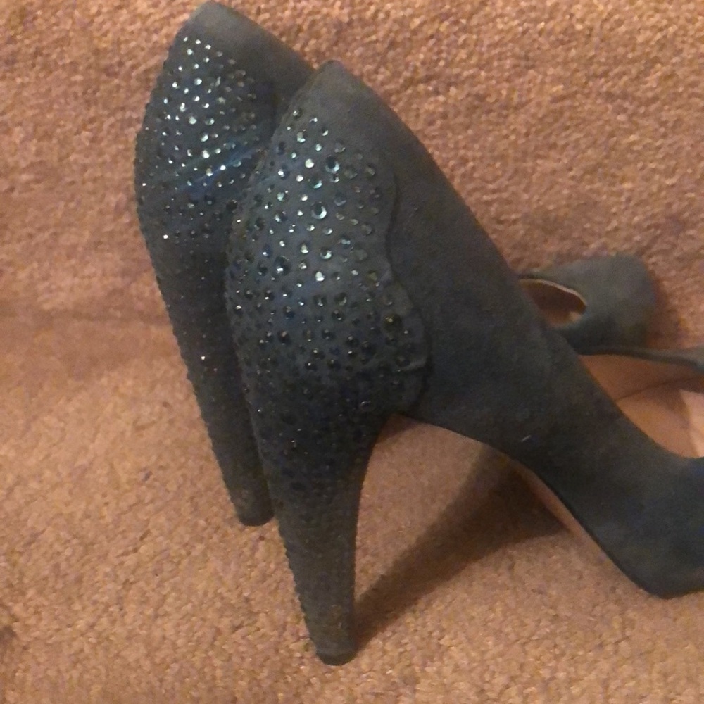 NINE WEST-PRETTY TEAL BLUE SUEDE HI HEEL W/COLORED STONES - Picture 11 of 12